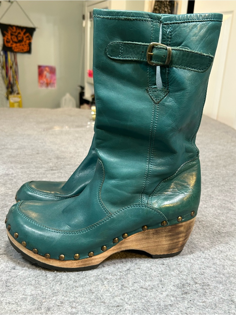BRONX Wedge buttery teal leather boots studded Round Toe Leather Shoes W 10 eu 4